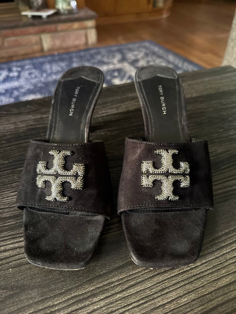 Tory Burch Black Velvet Eleanor Pavé Double T Crystal Logo Mule Sandals Sz. 7